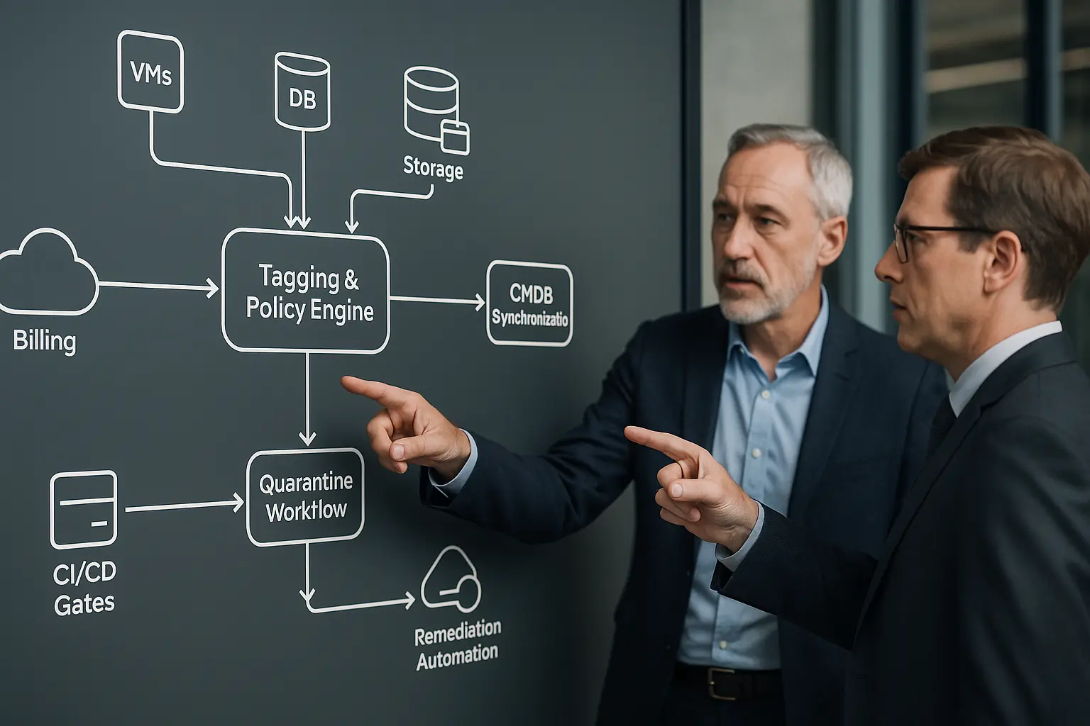 Architekturdiagramm: Tagging- und Policy-Engine verbindet Cloud-Ressourcen mit Billing-Export und CMDB