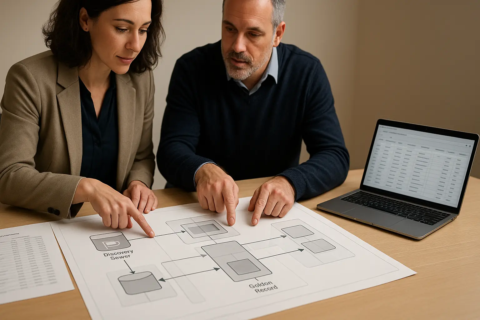IT-Workshop mit Architekturdiagramm für Asset-Discovery und Datenabgleich in eine zentrale Bestandsdatenbank