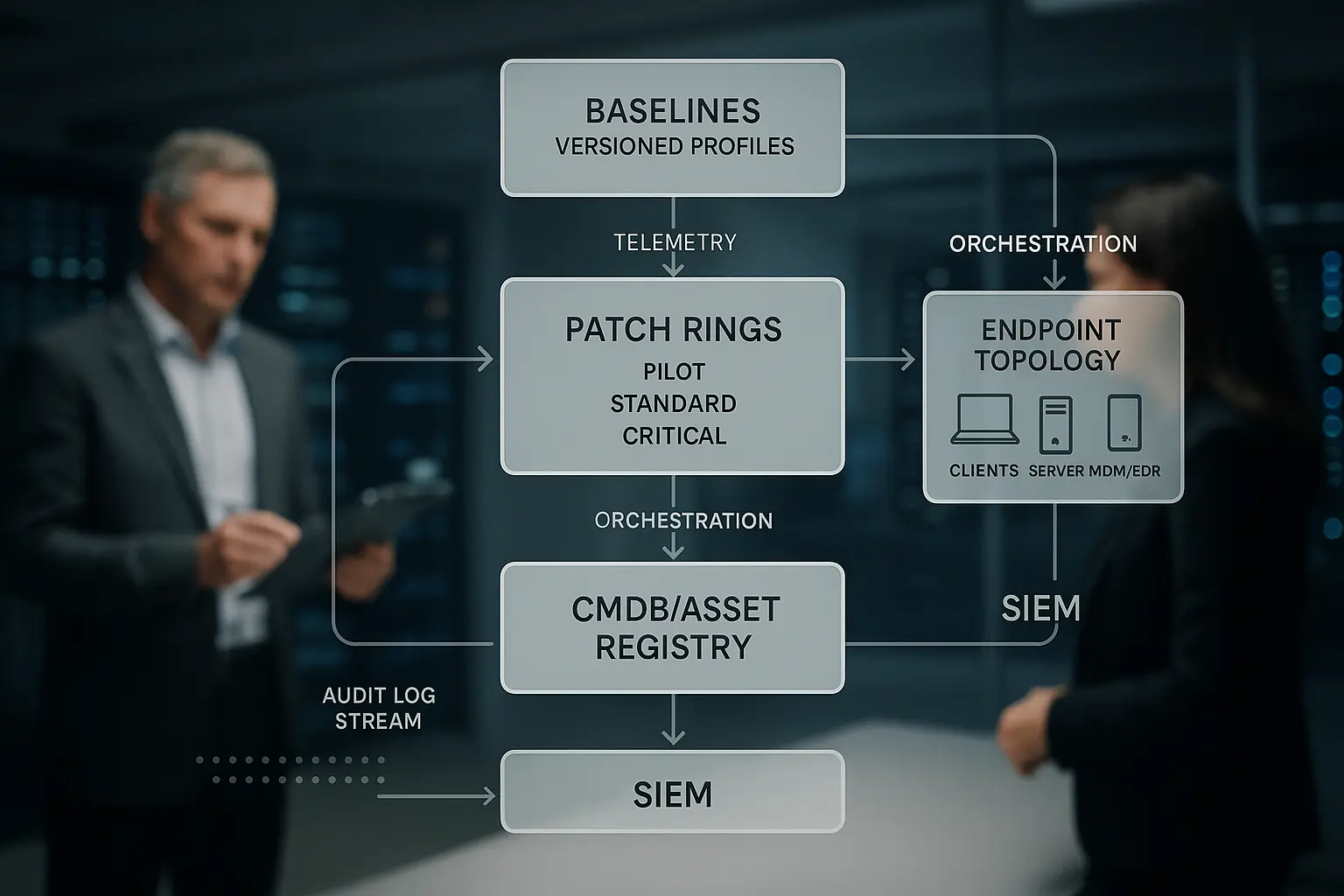 Architekturdiagramm mit Baselines, Patch-Ringen und Endpoint-Topologie als Grundlage für zentrale Sicherheitskonfigurationen