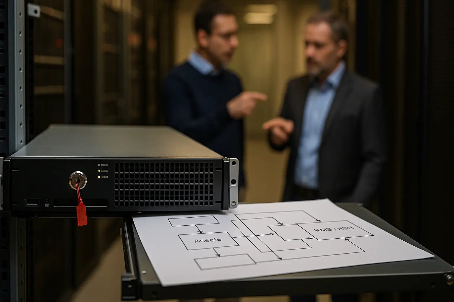 Hardware-Sicherheitsmodul im Rack neben einem textfreien Architekturdiagramm zum Schlüsselmanagement für IT-Assets