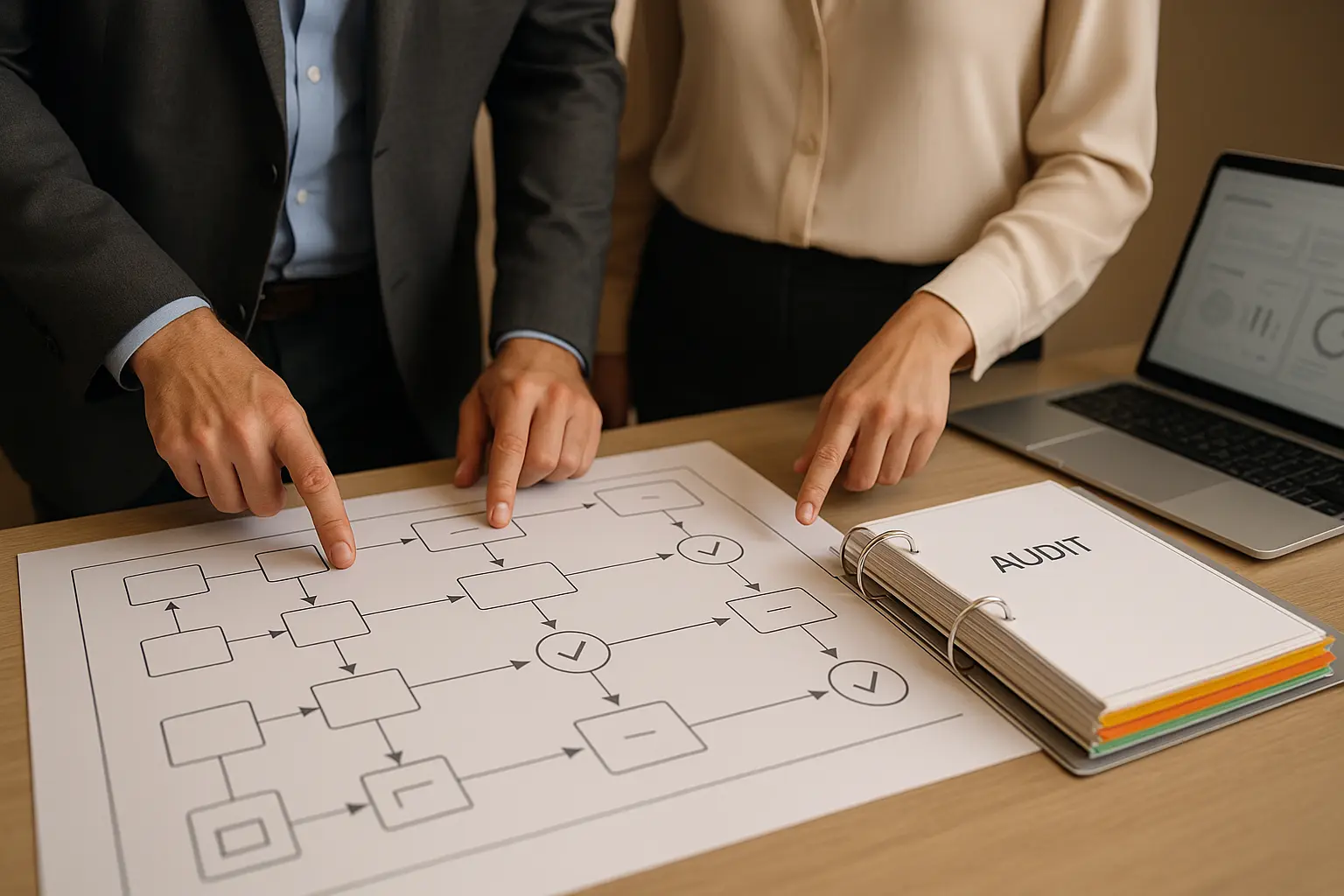 IT- und Compliance-Verantwortliche prfcfen ein Asset-Reporting-Kontrollflussdiagramm mit Audit-Ordner und Laptop