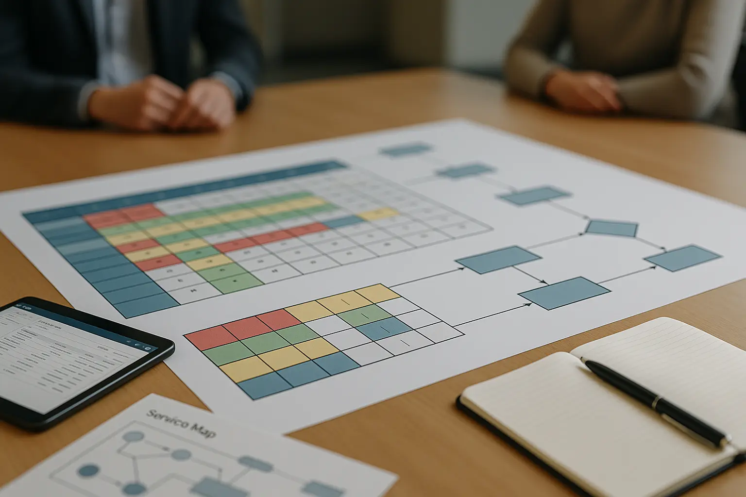 Architekturdiagramm mit RACI‑Matrix und Entscheidungsbaum für serviceorientierte IT auf einem Tisch mit Tablet und Notizen