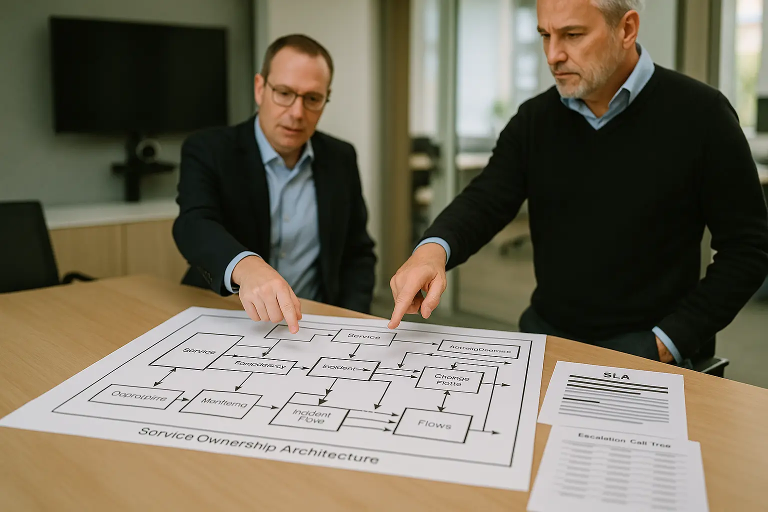 Diagramm mit Service-Abhängigkeiten, SLA-Unterlagen und Eskalationswegen auf einem IT-Operations-Workshop-Tisch