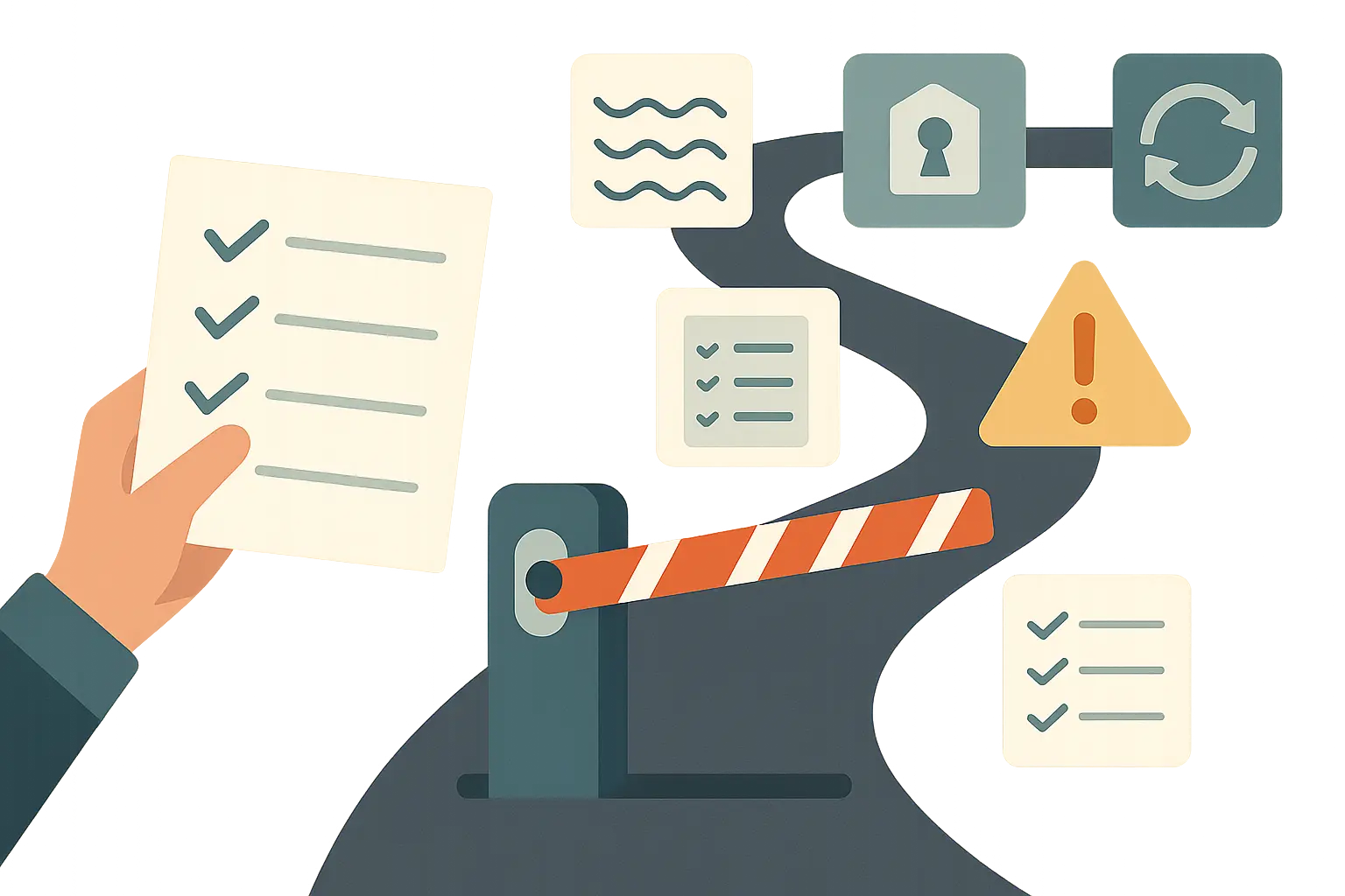 Textfreie Grafik eines Operational-Readiness-Gates mit Checklisten-Elementen für Betrieb, Monitoring, Backup und Change