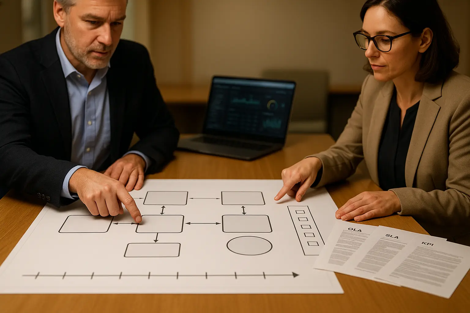 Governance-Board mit textfreien Diagrammblöcken und SLA/OLA/KPI-Unterlagen zur Steuerung eines Servicekatalogs