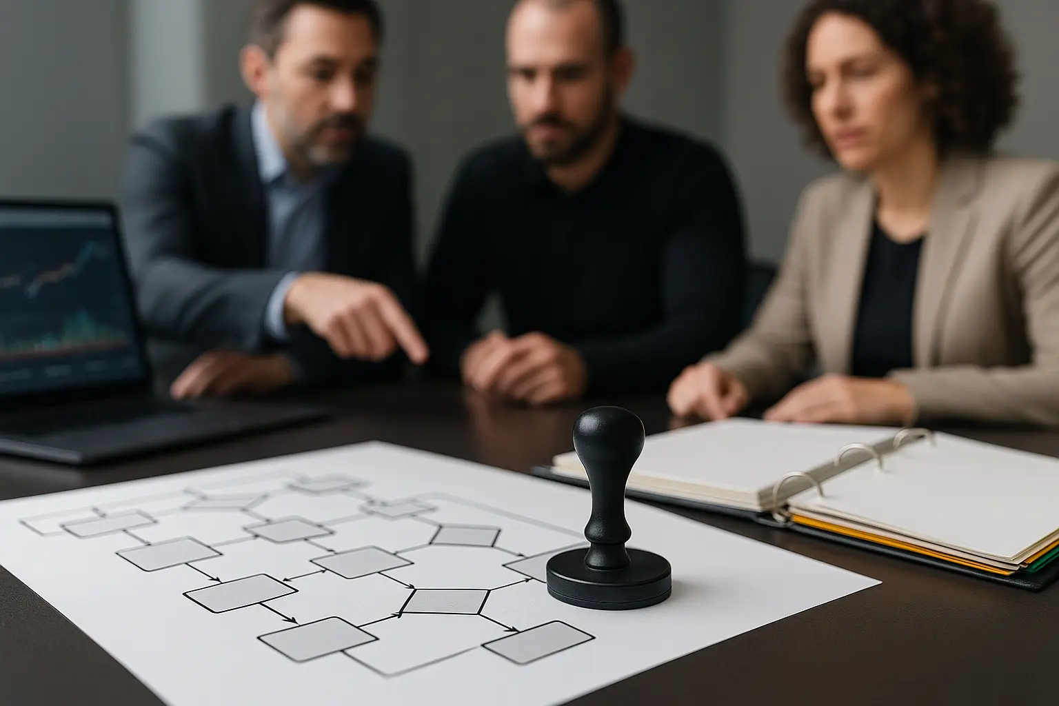 Team prüft ein Change-Workflow-Diagramm mit Freigabe- und Audit-Artefakten in einem IT-Operations-Kontext.
