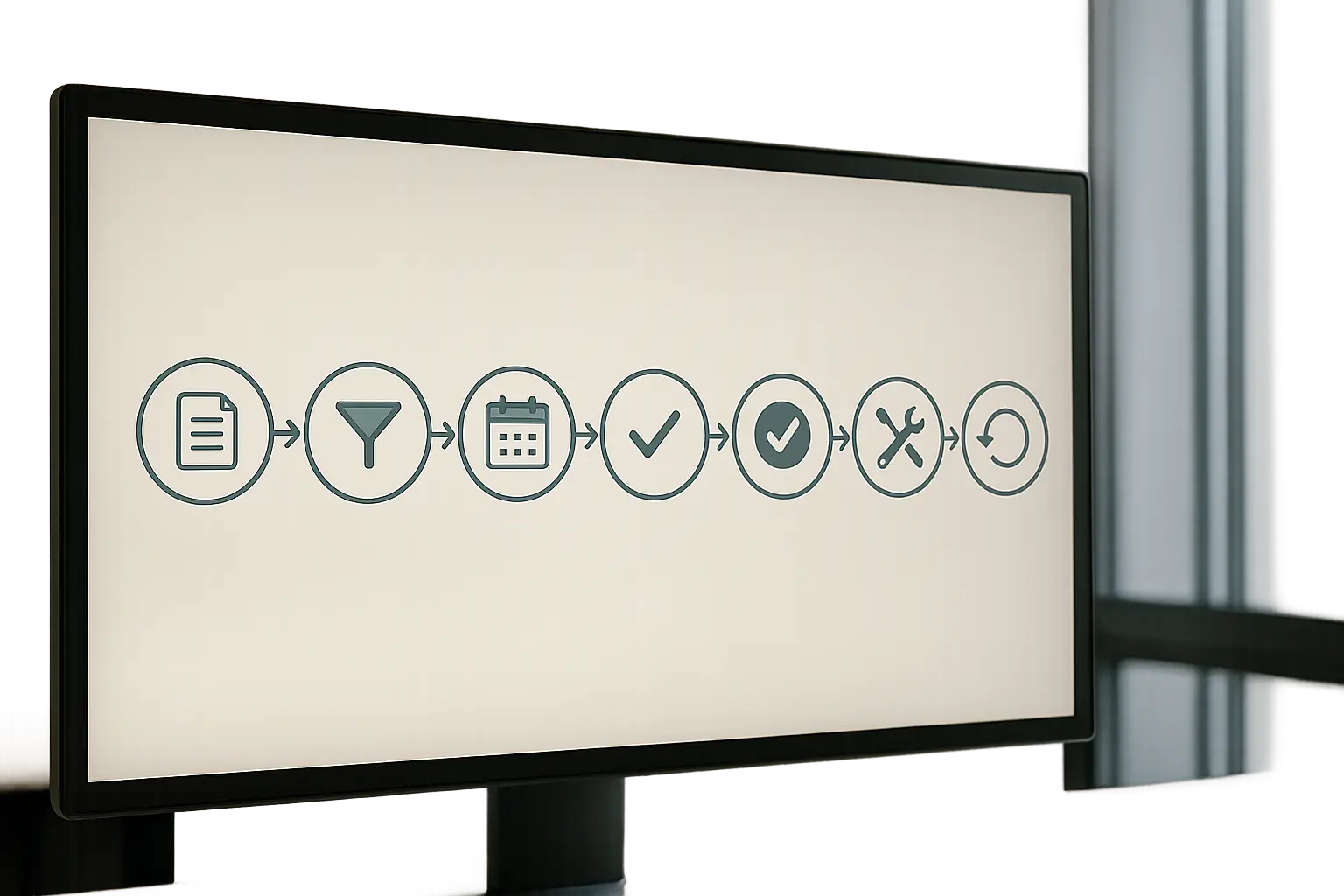Textfreie Prozessgrafik mit sieben Schritten von Anfrage bis Review als Icons in einer Linie.
