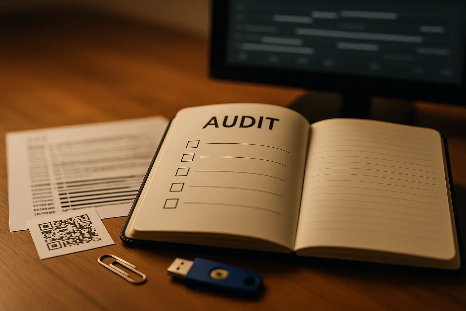Audit-Unterlagen mit Logs, Checkliste und Sicherheitstoken als Symbol für nachvollziehbare Change-Evidence.