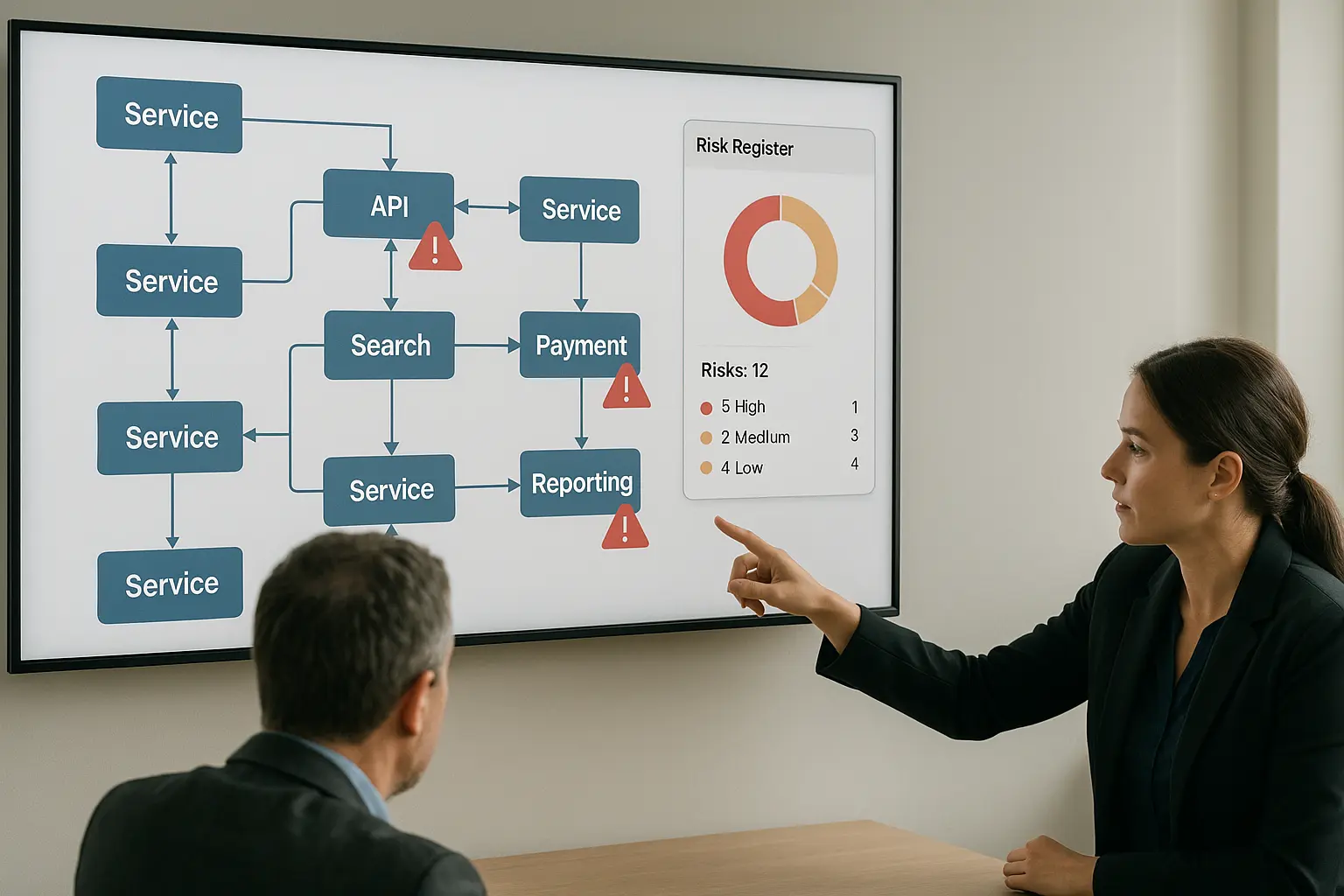 Architekturdiagramm mit Service-Abhängigkeiten und Risk-Register-Dashboard; IT-Manager und Security prüfen Prioritäten