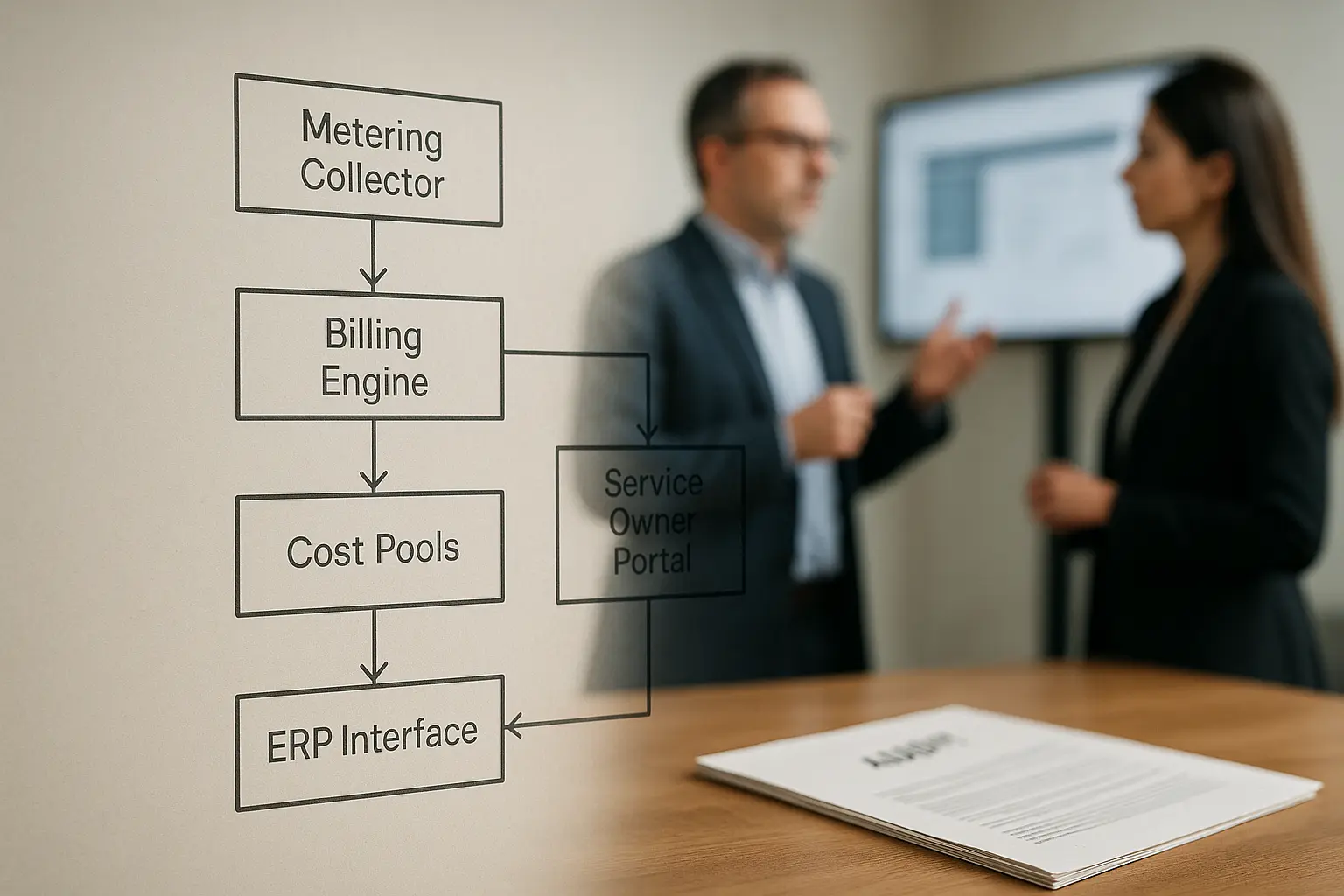 Architekturdiagramm mit Metering-Collector, Billing-Engine, Cost-Pools und ERP-Schnittstelle zur Darstellung von...