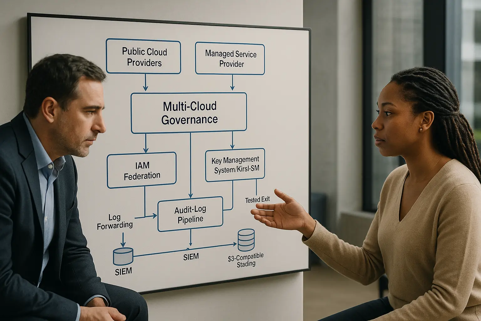 Architekturdiagramm zur Multi-Cloud-Governance mit MSP-Ebene, IAM-Federation, KMS/HSM und Audit-Log-Pipeline
