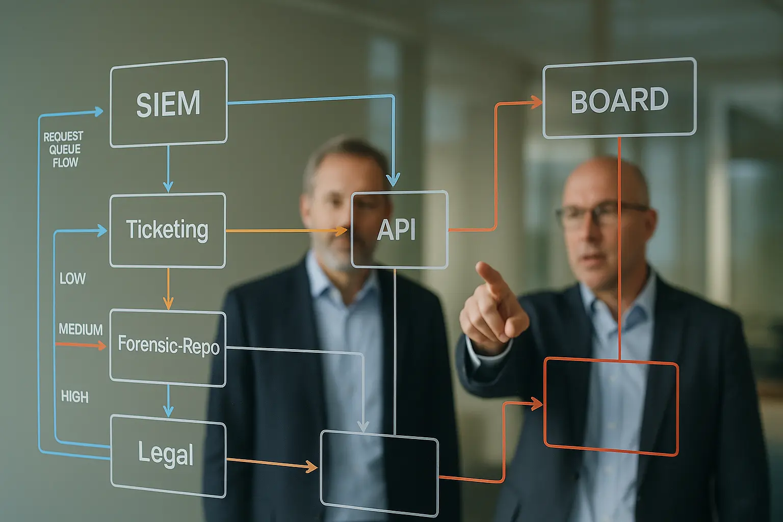 Eskalationsdiagramm auf Glasboard mit Severity-Levels, Rollen und Pfeilen für Entscheidungswege