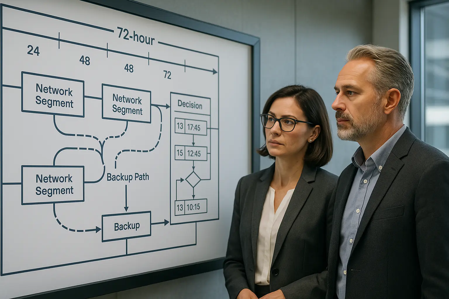 Architekturdiagramm mit 72‑Stunden‑Timeline, Backup‑ und Entscheidungslog als Motiv für Notfall‑Governance