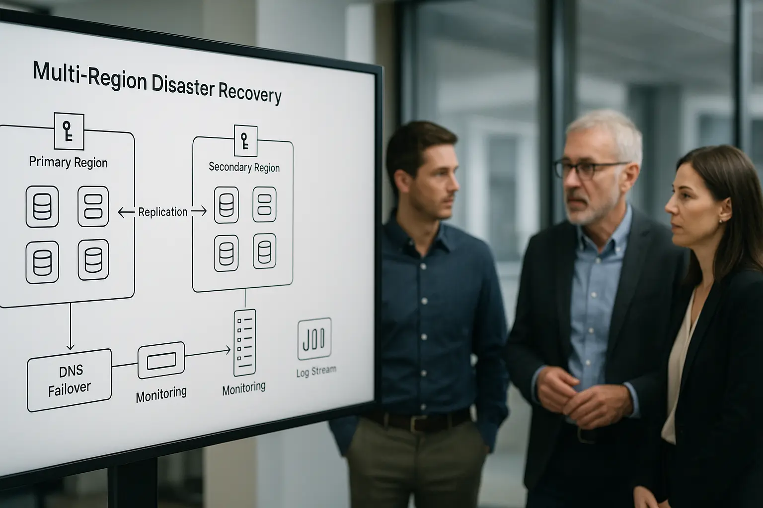 Architekturdiagramm einer Multi-Region-Disaster-Recovery-Topologie mit Replikation, KMS/HSM-Elementen und DNS-Failover