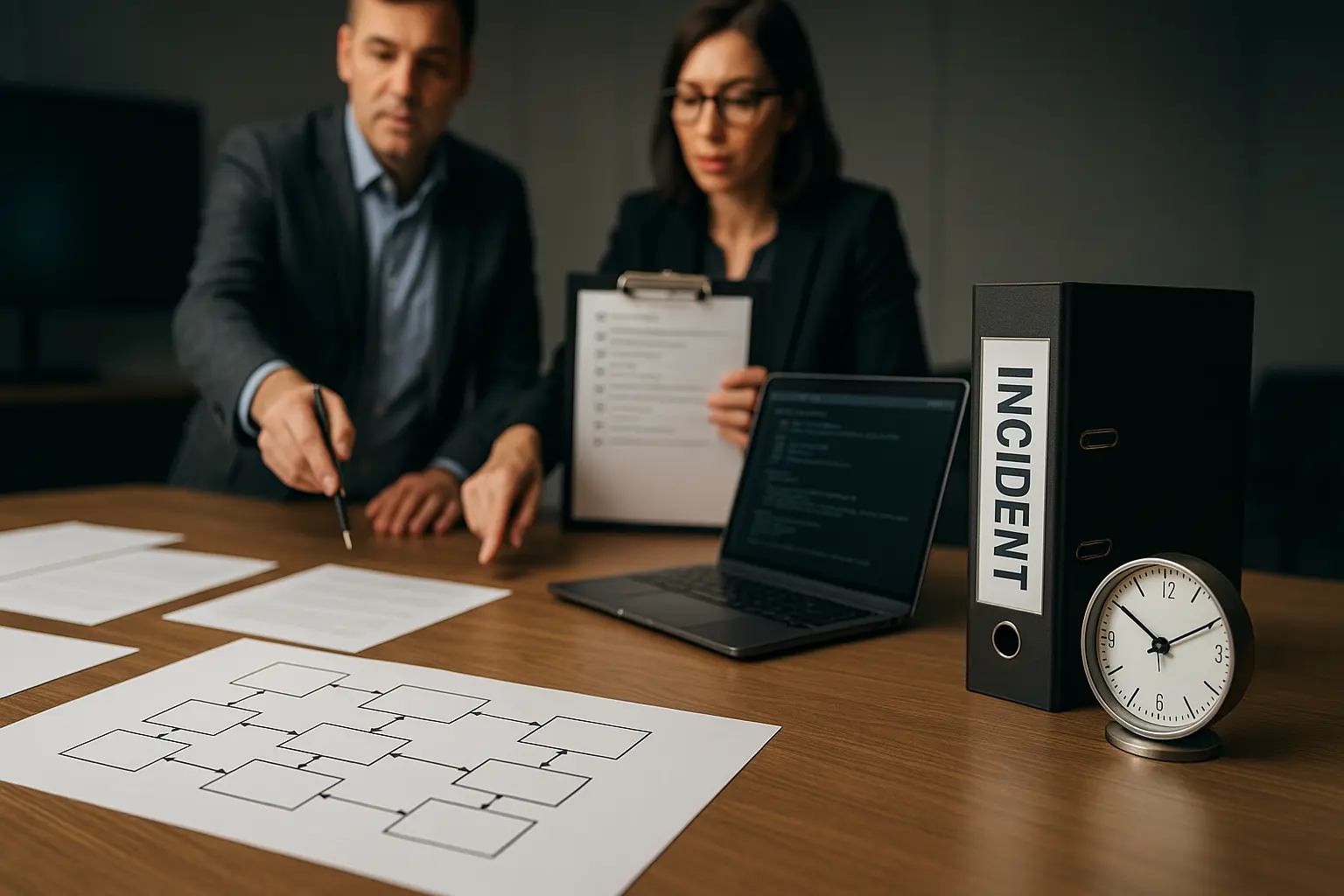 Auditfähige Incident-Dokumentation mit Architekturdiagramm, Log-Auszügen und Entscheidungsunterlagen auf einem Tisch