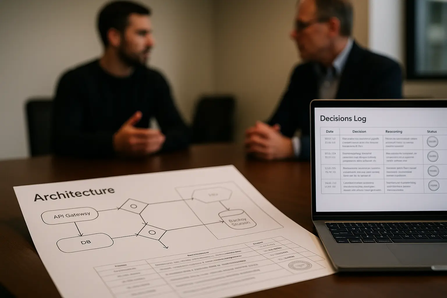 Architekturdiagramm und Decisions-Log auf einem Tisch während einer Tabletop-Übung