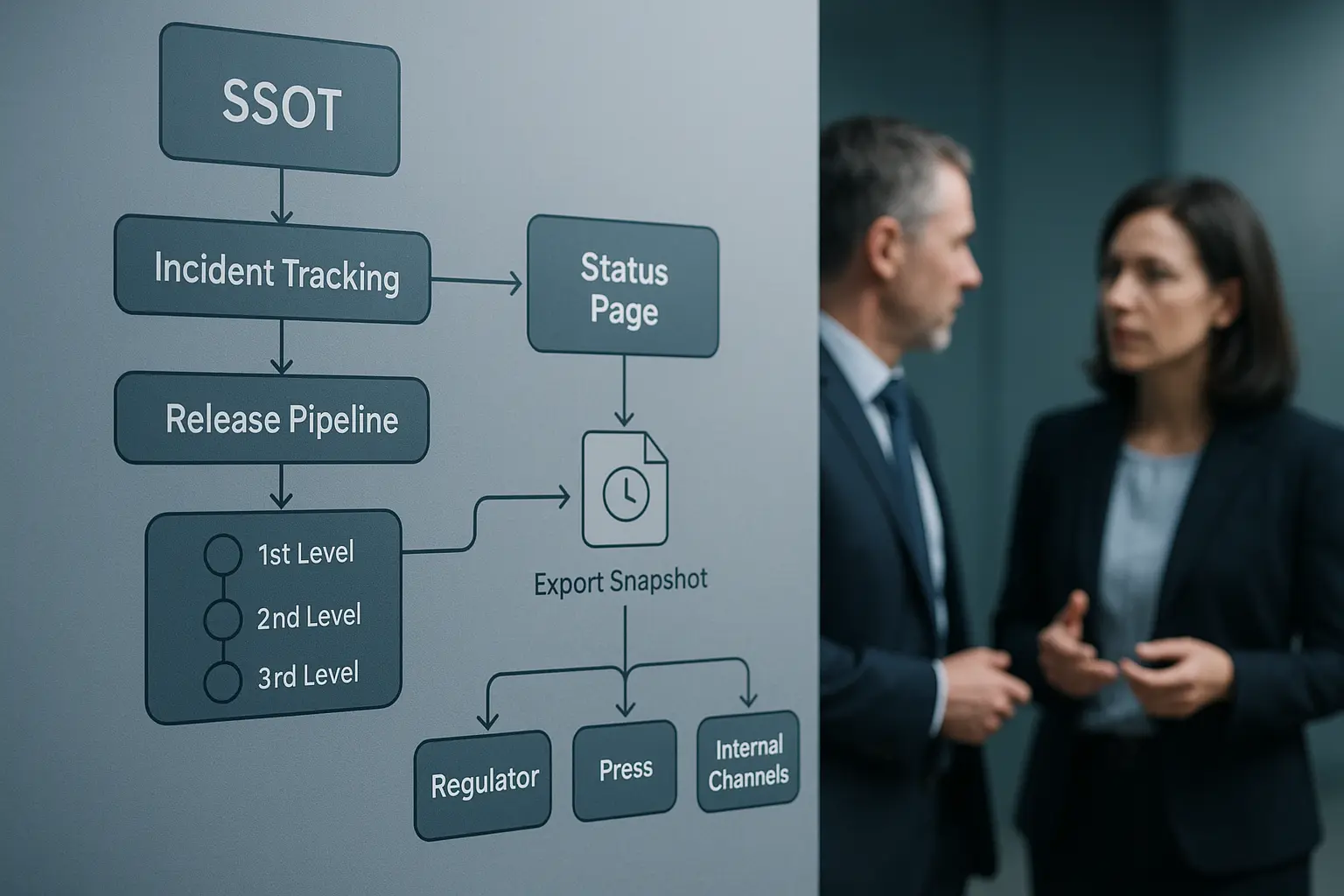 Architekturdiagramm mit SSOT, Incident‑Tracking und Freigabekette zu Behörden, Presse und internen Kanälen
