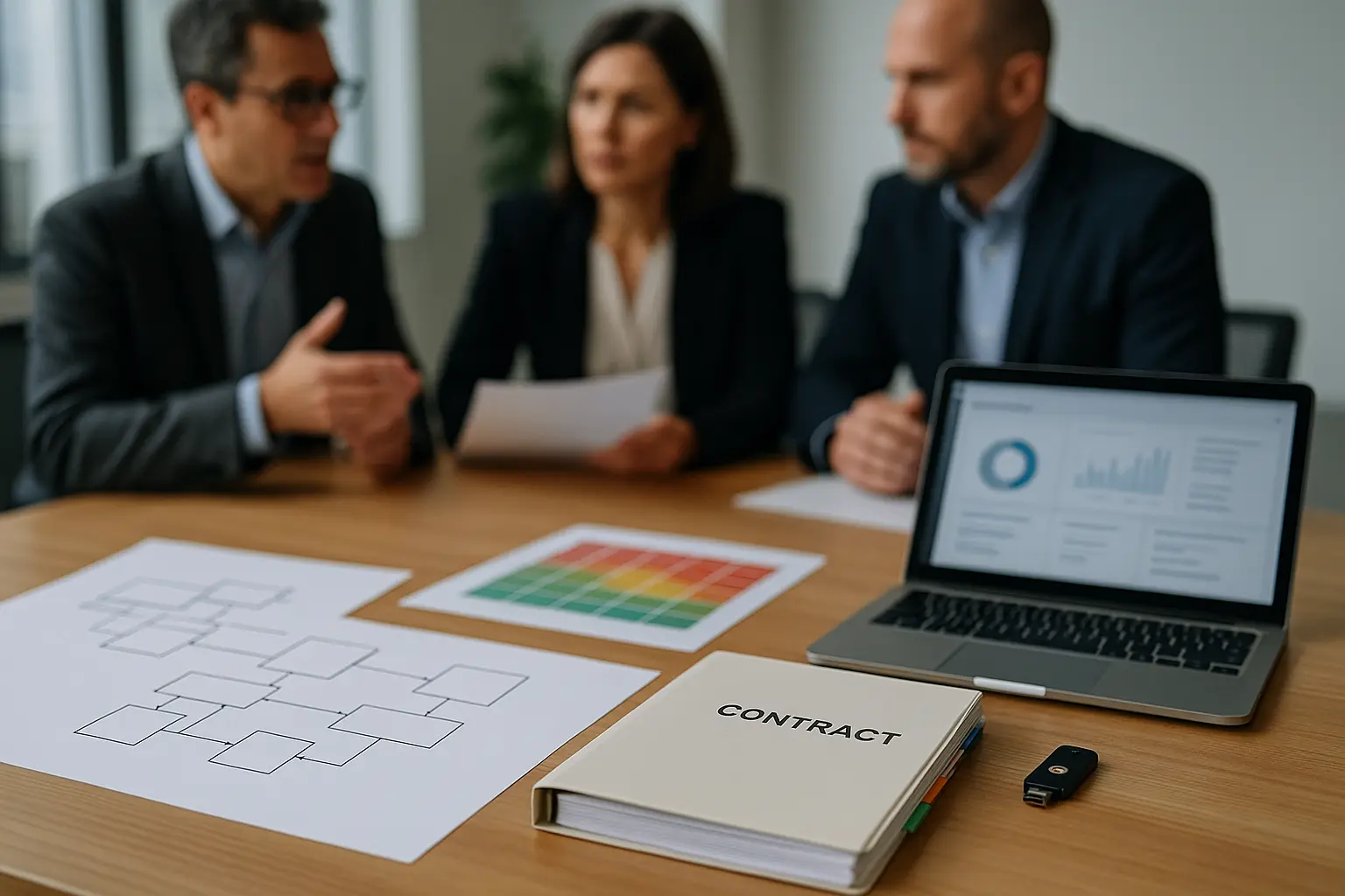Compliance- und Security-Workshop mit Architekturdiagramm und Risikomatrix zur Auswahl eines IT-Dienstleisters