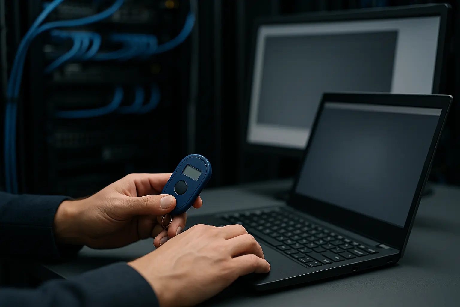 Nahaufnahme von MFA-Token und Laptop in einer Session für privilegierten Zugriff über Jump-Host