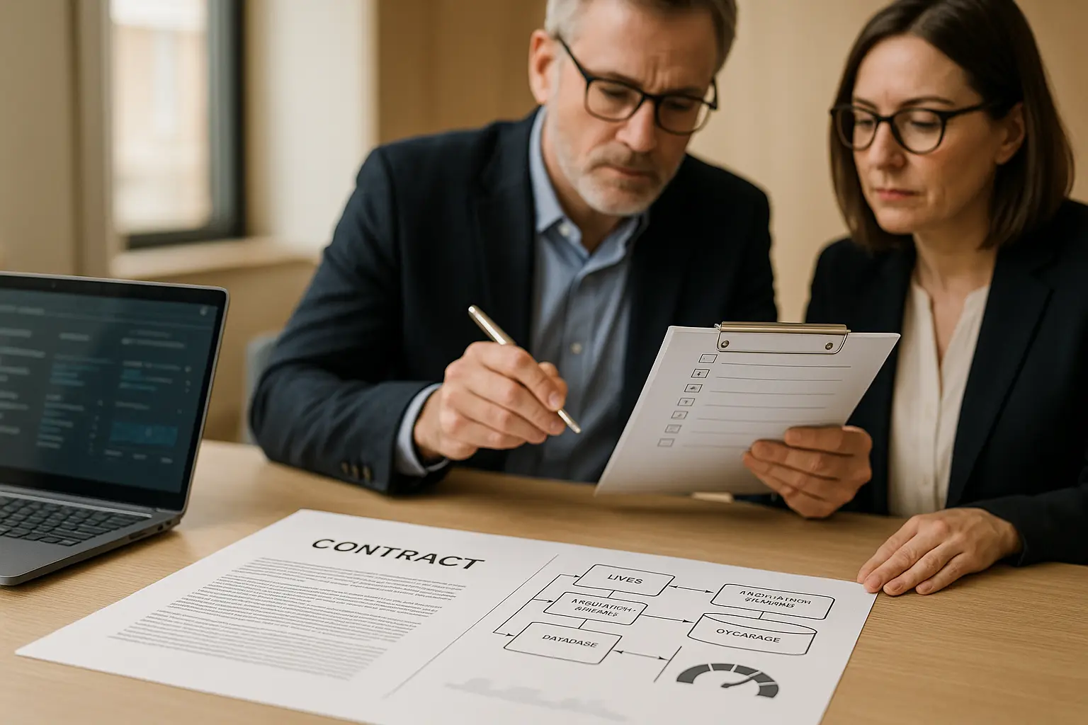 Vertragsprüfung eines Cloud-Providers mit SLA- und Datenexport-Diagramm auf dem Tisch