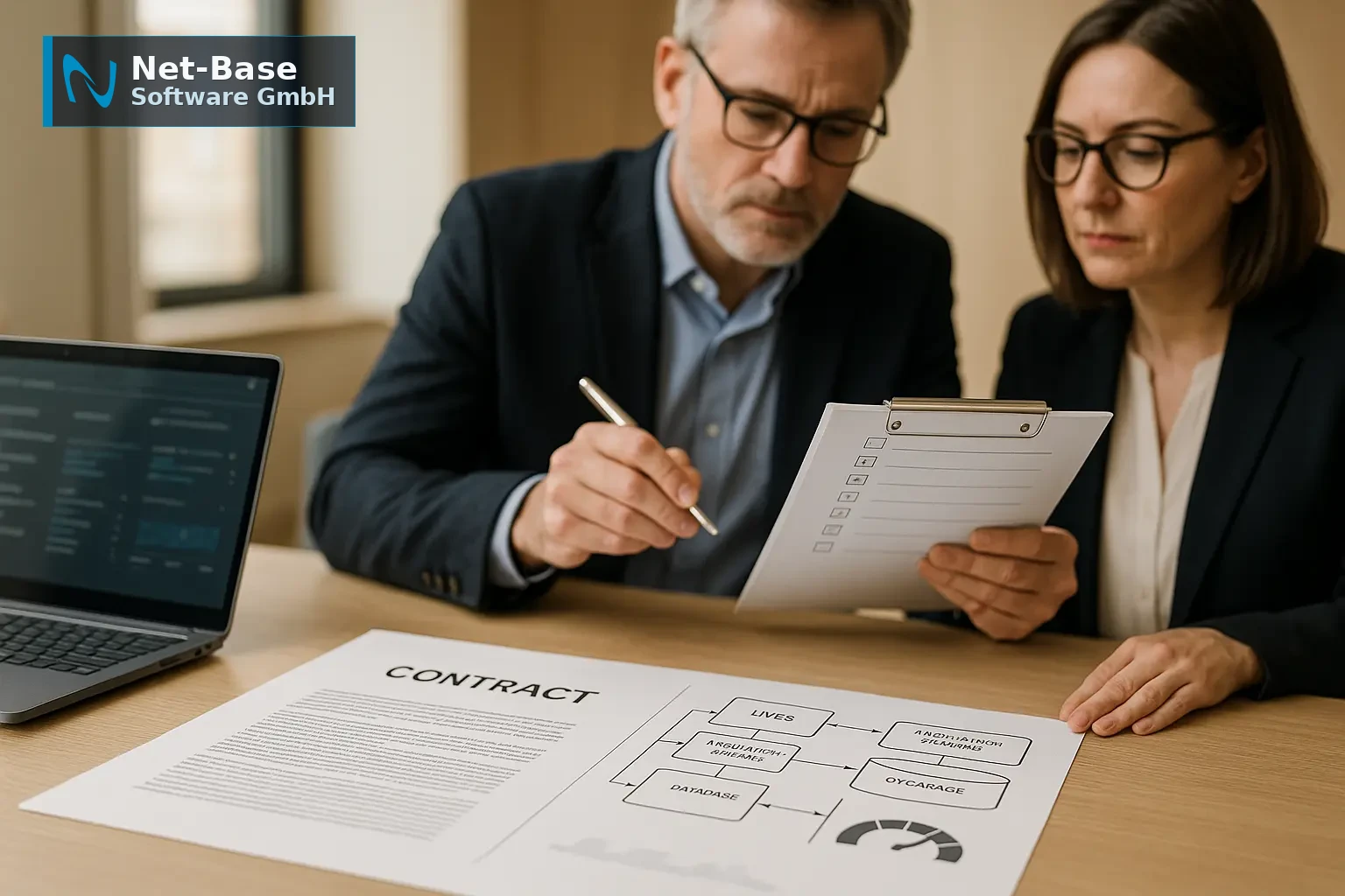 Vertragsprüfung eines Cloud-Providers mit SLA- und Datenexport-Diagramm auf dem Tisch