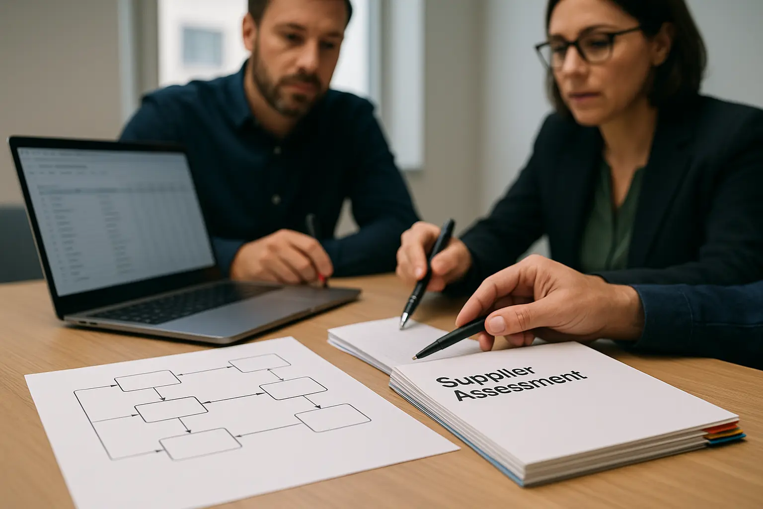IT- und Compliance-Team prüft Architekturdiagramm und Nachweise für ein Drittanbieter-Risikoassessment am Konferenztisch.
