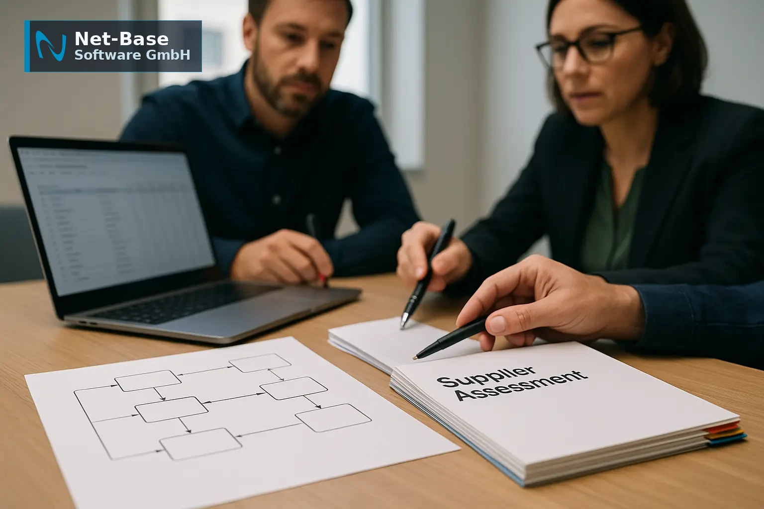 IT- und Compliance-Team prüft Architekturdiagramm und Nachweise für ein Drittanbieter-Risikoassessment am Konferenztisch.