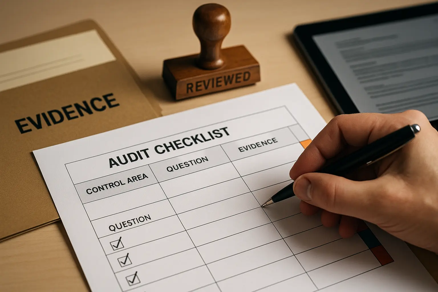 Audit-Checkliste und Evidence-Unterlagen für ein Lieferanten-Assessment auf einem Bürotisch.