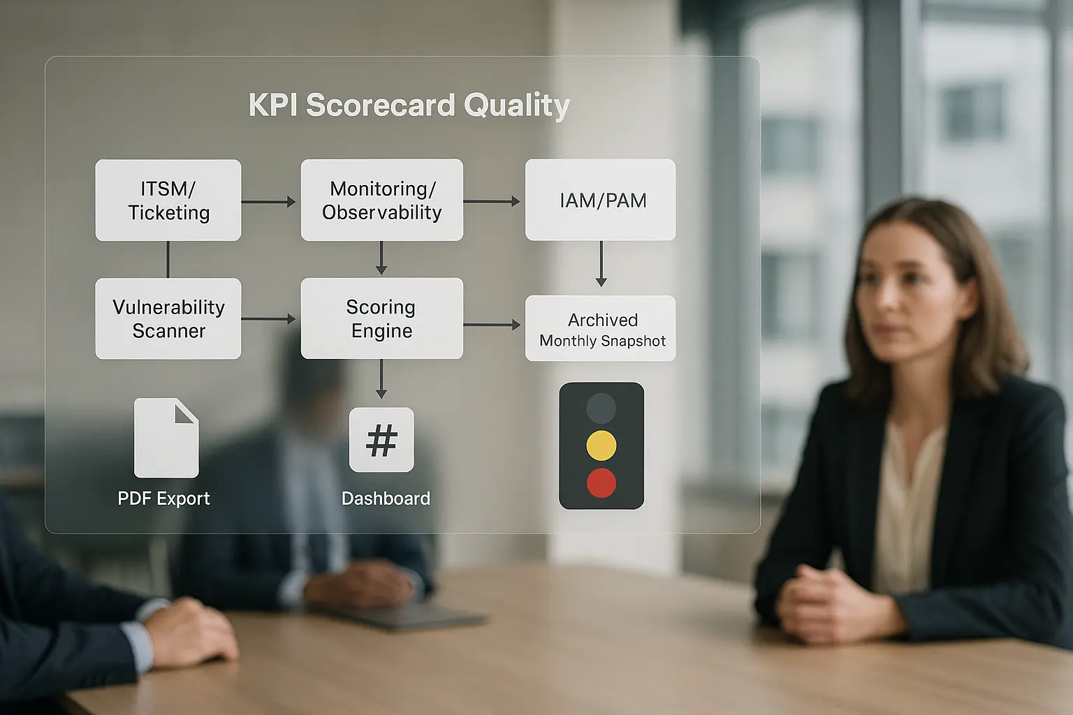 Architekturdiagramm einer KPI-Scorecard mit Datenflüssen aus ITSM, Monitoring, IAM, Vulnerability-Scanner und CMDB zur...
