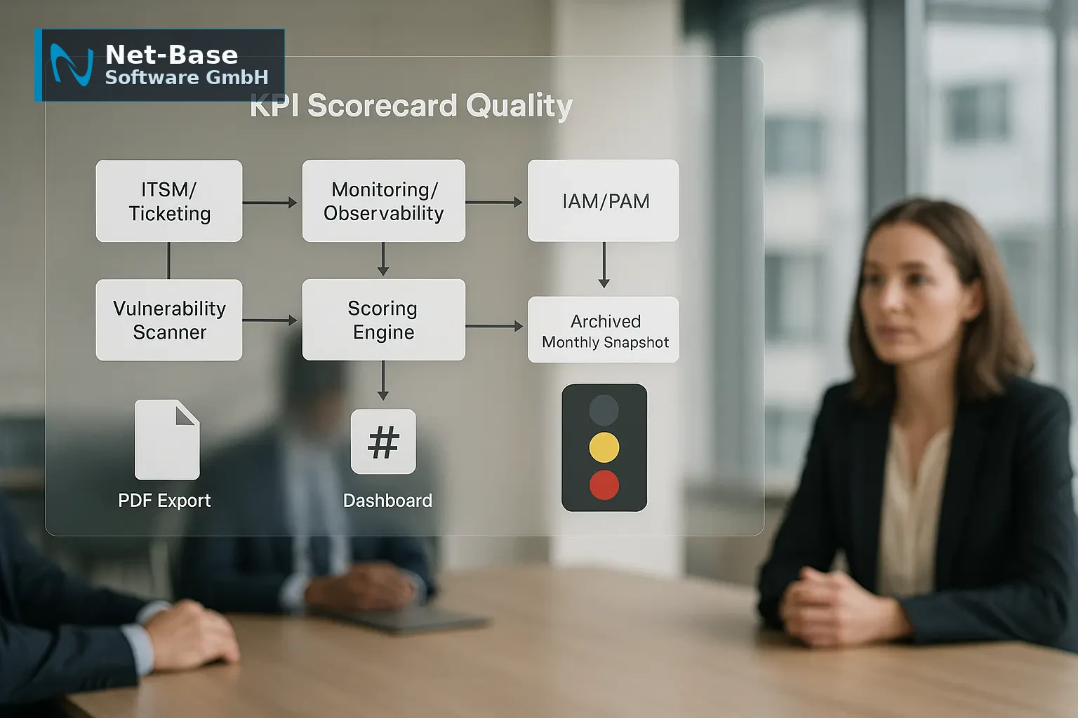 Architekturdiagramm einer KPI-Scorecard mit Datenflüssen aus ITSM, Monitoring, IAM, Vulnerability-Scanner und CMDB zur...