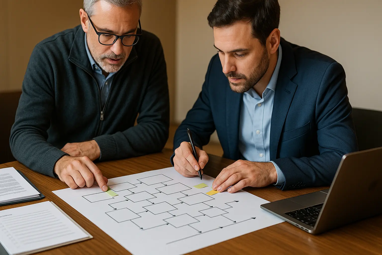 Compliance-Workshop mit textfreiem Architekturdiagramm und Vertragsunterlagen zur Nachweisführung für Datenschutz und ISO...