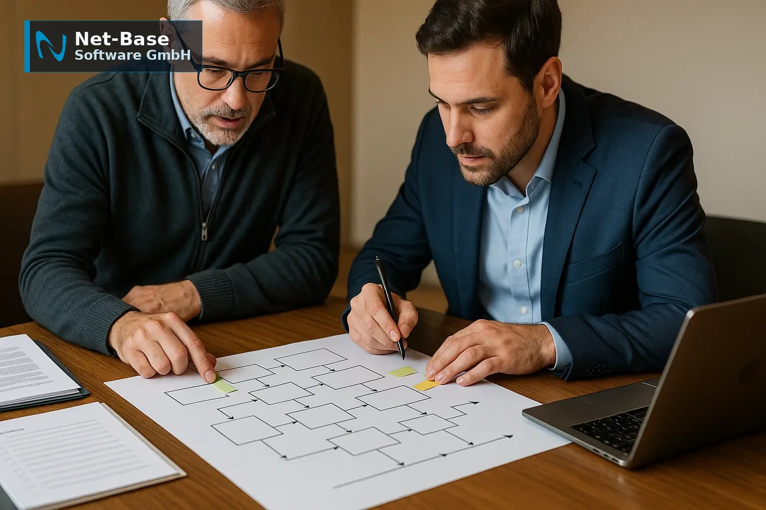 Compliance-Workshop mit textfreiem Architekturdiagramm und Vertragsunterlagen zur Nachweisführung für Datenschutz und ISO...