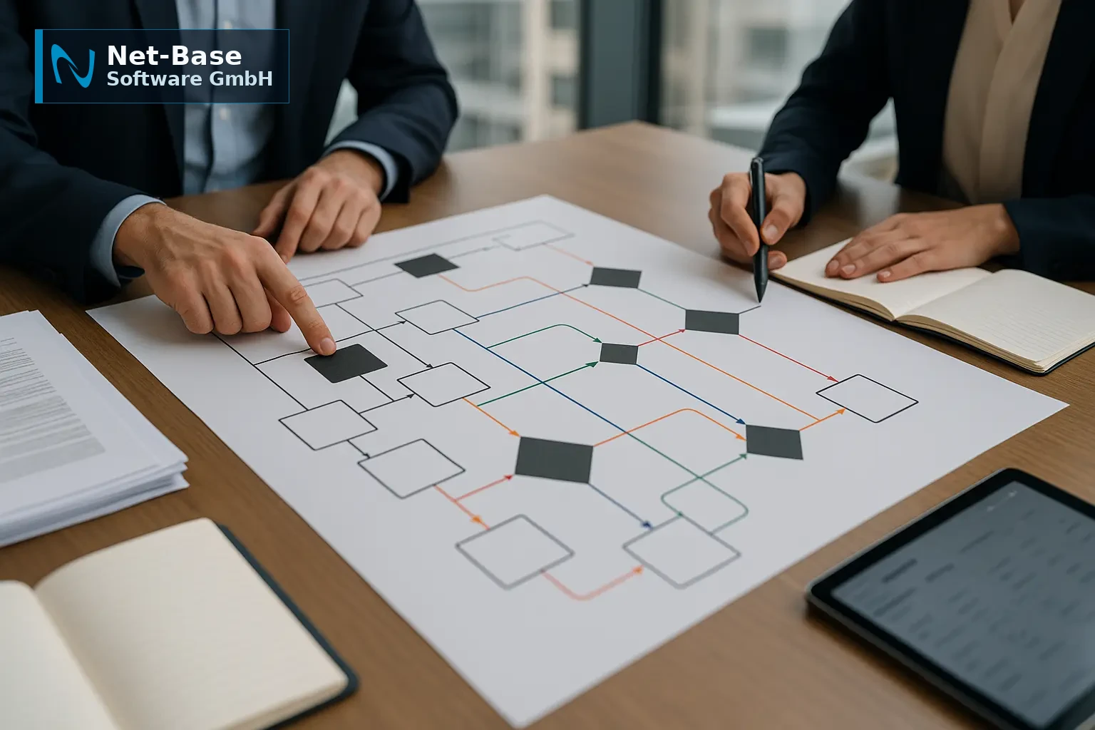 Governance-Board mit Diagramm zu Entscheidungswegen und Eskalationsstufen im Softwarelizenzmanagement, daneben...
