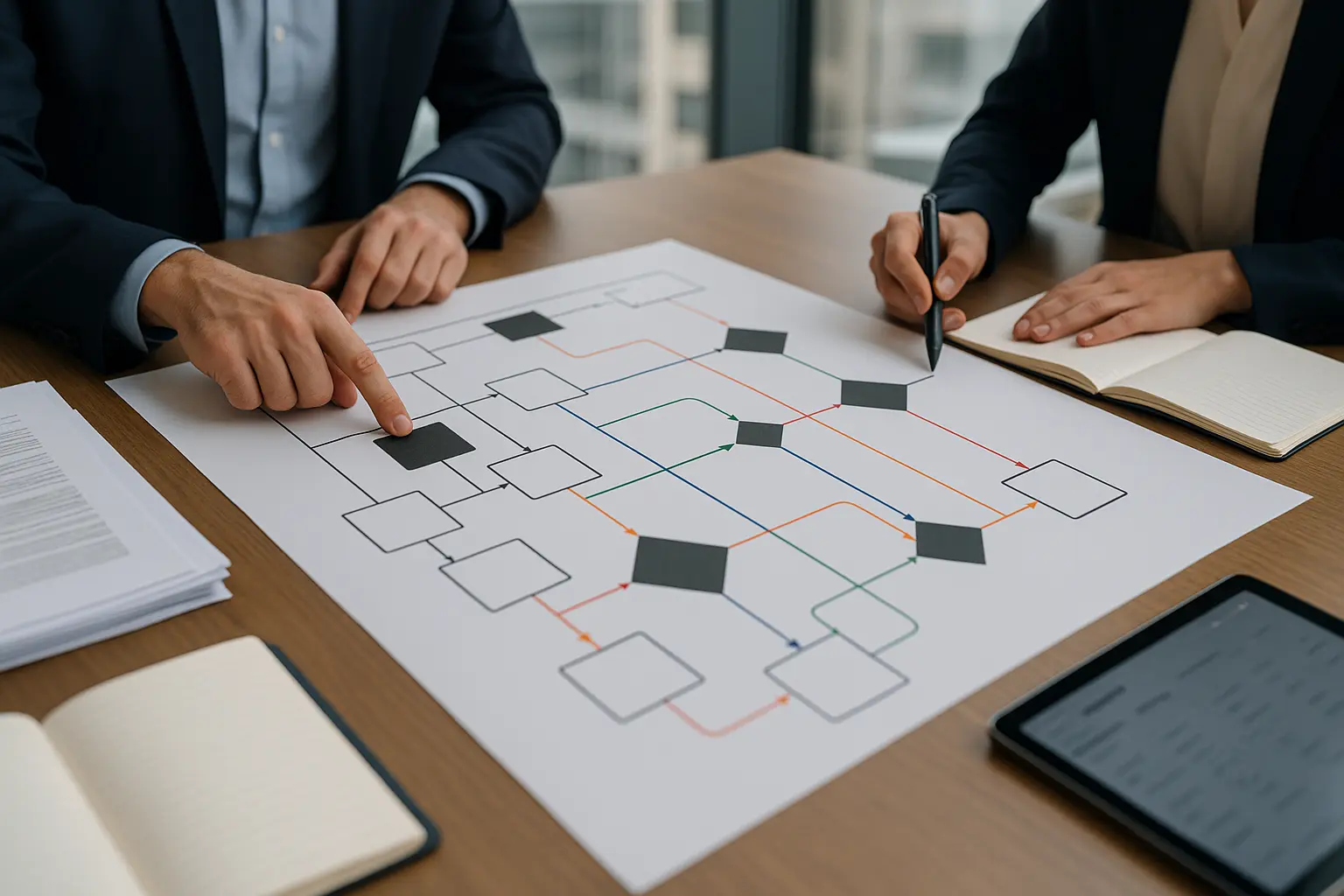 Governance-Board mit Diagramm zu Entscheidungswegen und Eskalationsstufen im Softwarelizenzmanagement, daneben...