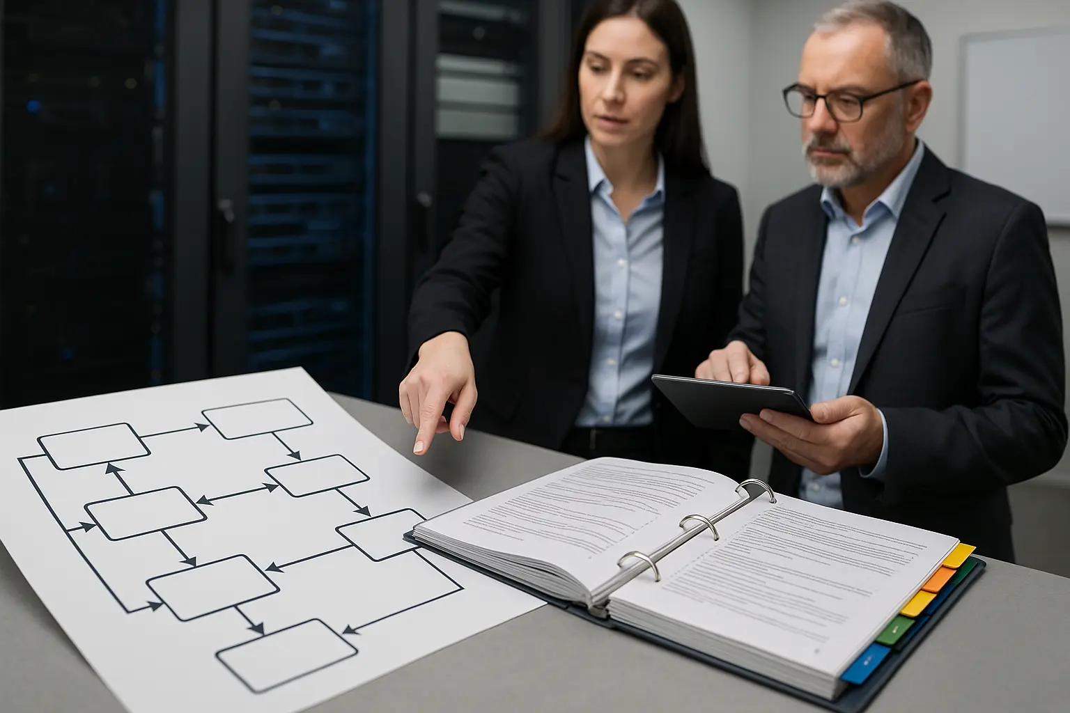 IT- und Compliance-Team prüft Architekturdiagramm und Audit-Unterlagen zur Vorbereitung auf Vendor-Prüfungen