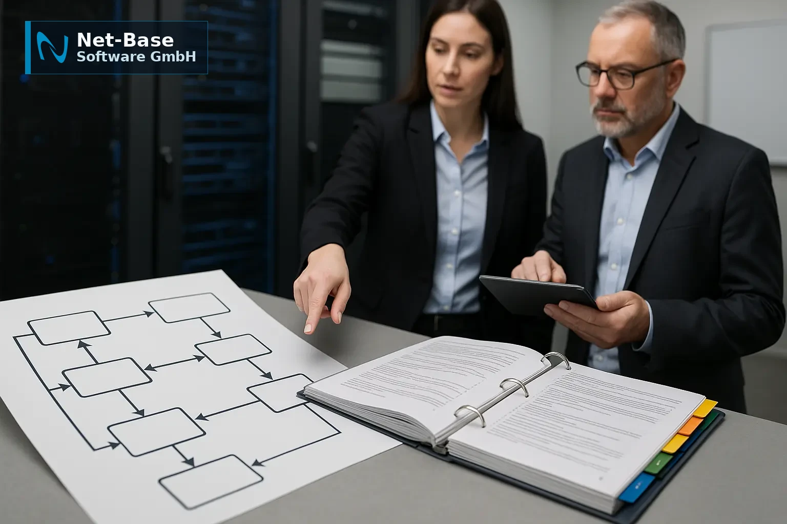 IT- und Compliance-Team prüft Architekturdiagramm und Audit-Unterlagen zur Vorbereitung auf Vendor-Prüfungen
