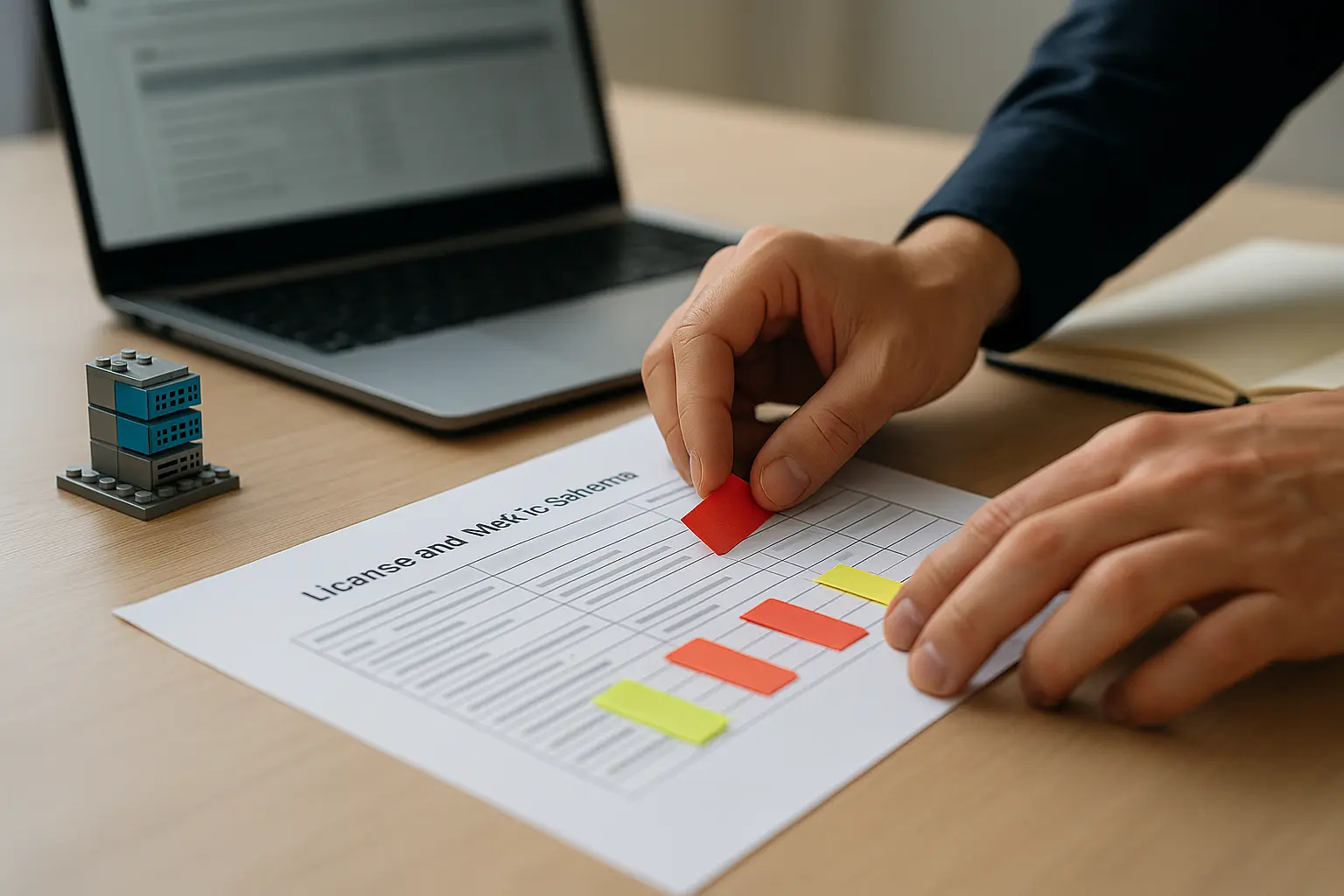 Workshop-Szene mit markierten Unterlagen zur Lizenzmetrik und ersten ELP-Berechnung