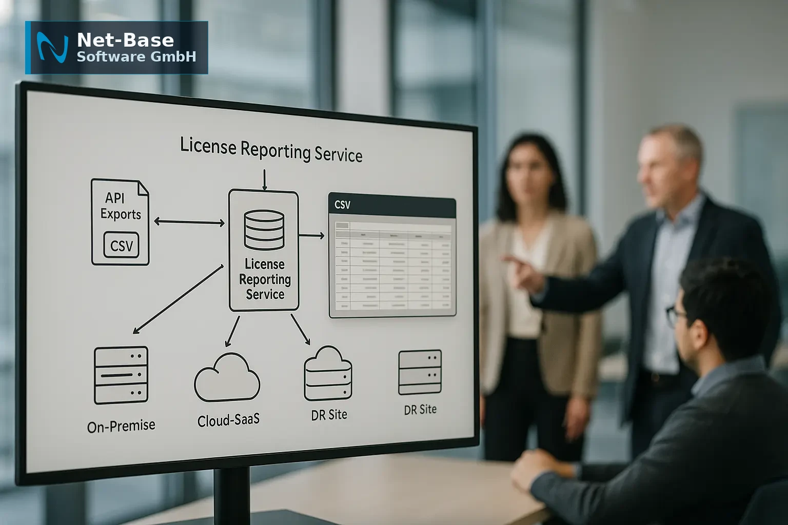 Architekturdiagramm für License‑Reporting mit API‑Export und Audit‑Exportdateien