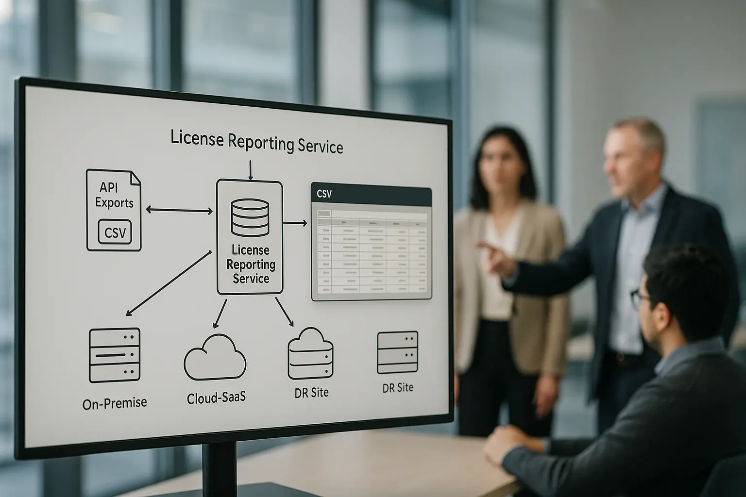 Architekturdiagramm für License‑Reporting mit API‑Export und Audit‑Exportdateien