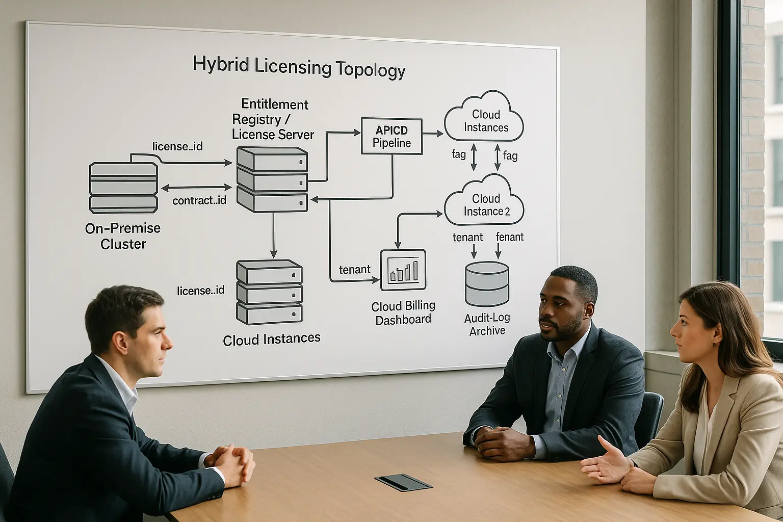 Architekturdiagramm einer hybriden Lizenz-Topologie mit Entitlement-Registry, On‑Premise-Servern, Cloud-Instanzen und...