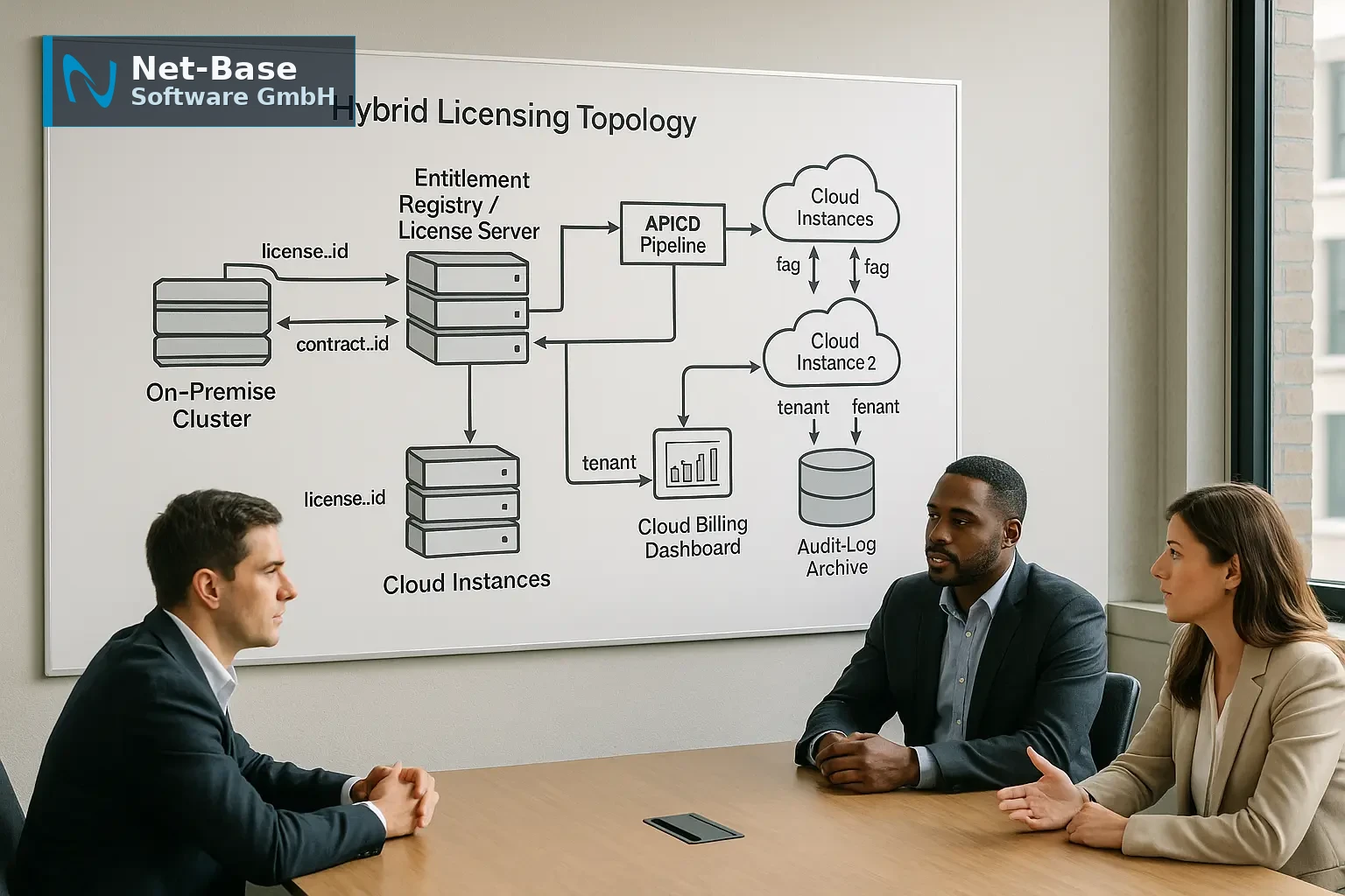 Architekturdiagramm einer hybriden Lizenz-Topologie mit Entitlement-Registry, On‑Premise-Servern, Cloud-Instanzen und...