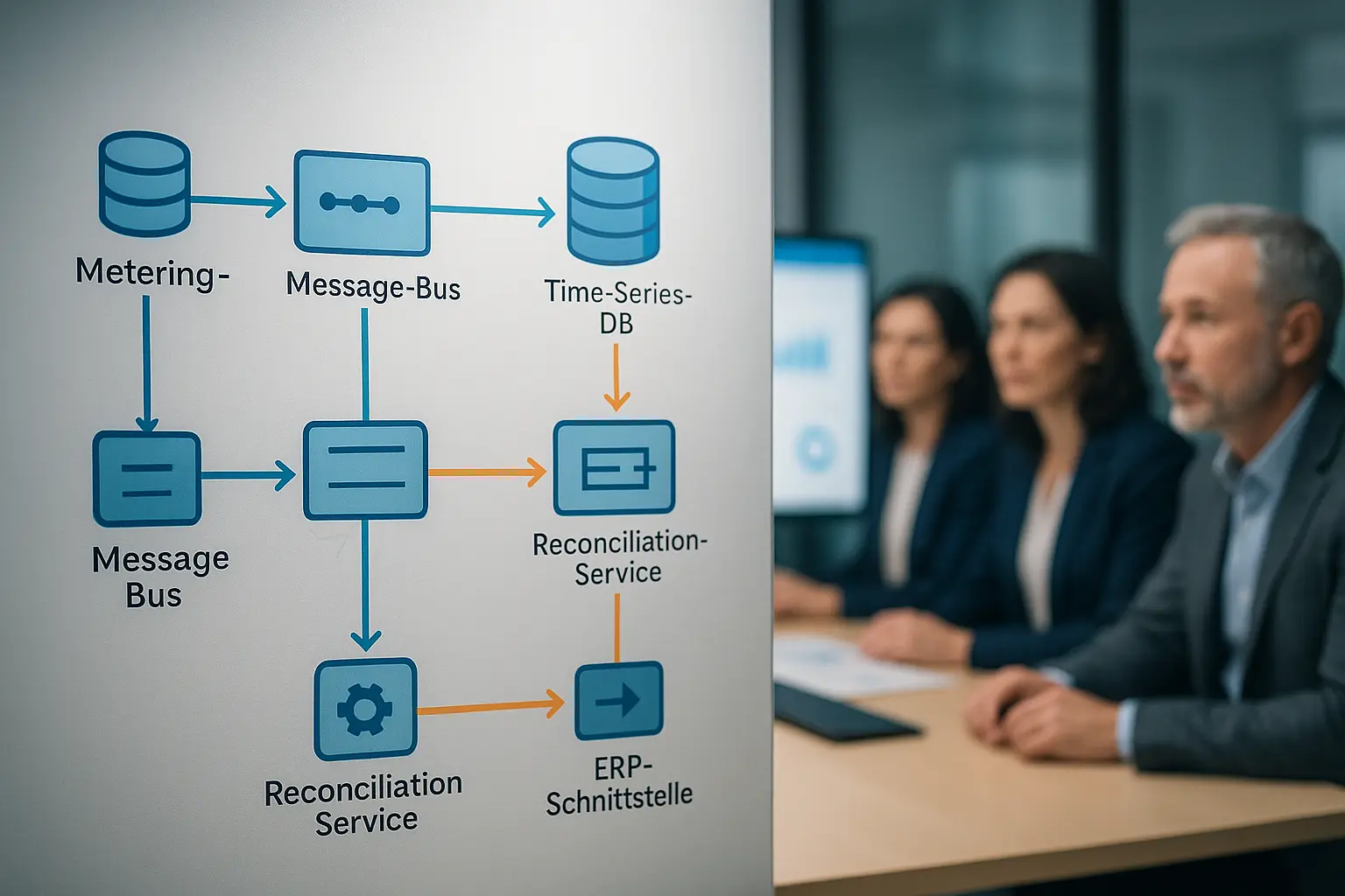 Architekturdiagramm der internen Verrechnungs‑Topologie mit Metering‑DB, Billing‑Engine, Reconciliation‑Service und...