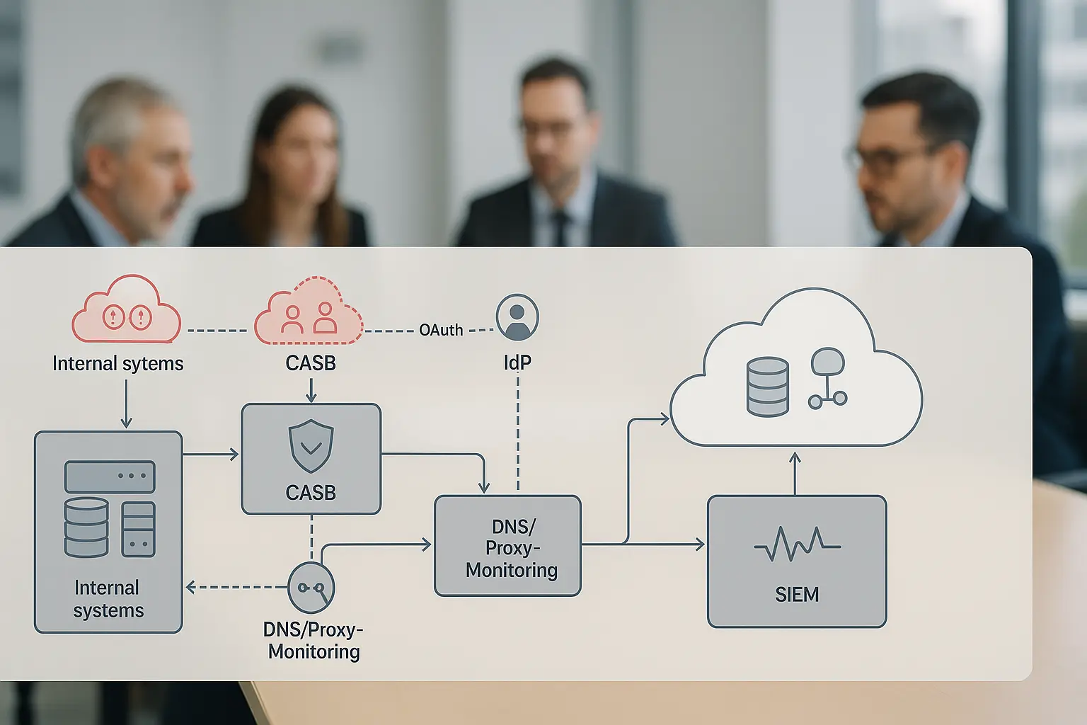Architekturdiagramm mit markierten Shadow‑IT‑Knoten, Datenflüssen zu externen Cloud‑Diensten und CASB/IdP‑Kontrollen