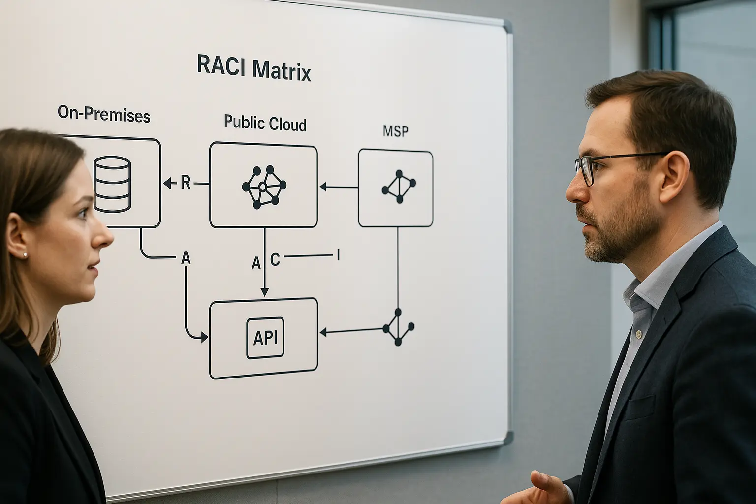 Architekturdiagramm einer RACI‑Matrix mit On‑Prem, Cloud und MSP, das Verantwortlichkeiten zwischen Teams und Providern zeigt