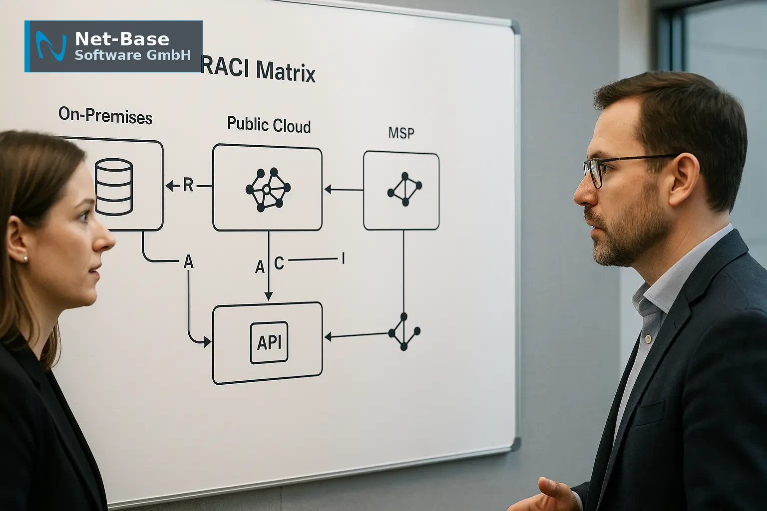 Architekturdiagramm einer RACI‑Matrix mit On‑Prem, Cloud und MSP, das Verantwortlichkeiten zwischen Teams und Providern zeigt