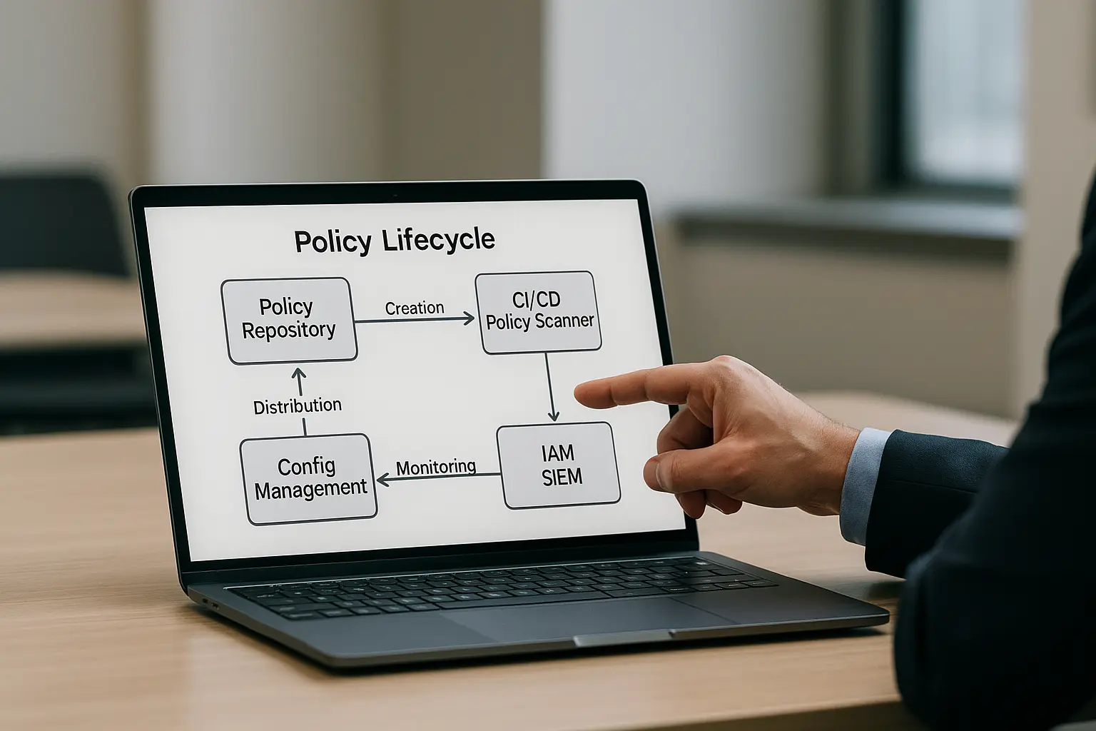 Architekturdiagramm des Policy‑Lifecycle mit Systemblöcken für Policy‑Repository, CI/CD‑Scanner, Config‑Management, IAM...