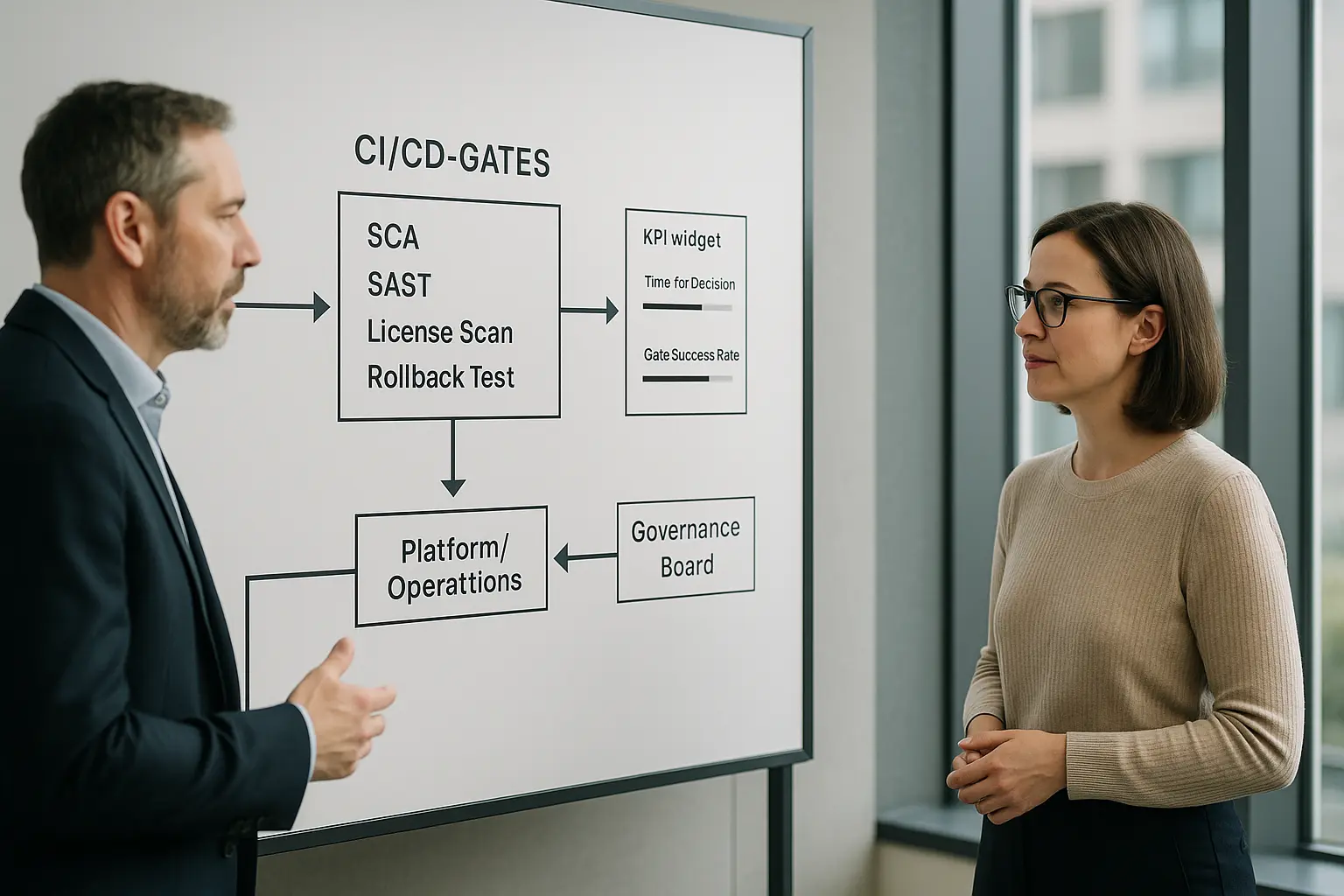 Architekturdiagramm mit CI/CD‑Gates, Entscheidungspfeilen zwischen Product Team, Plattform und Governance Board