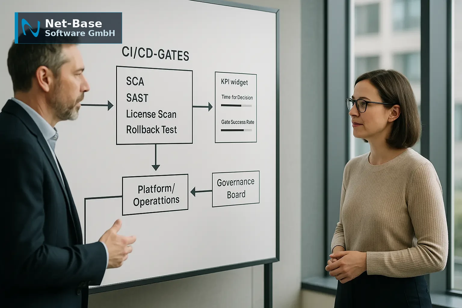Architekturdiagramm mit CI/CD‑Gates, Entscheidungspfeilen zwischen Product Team, Plattform und Governance Board