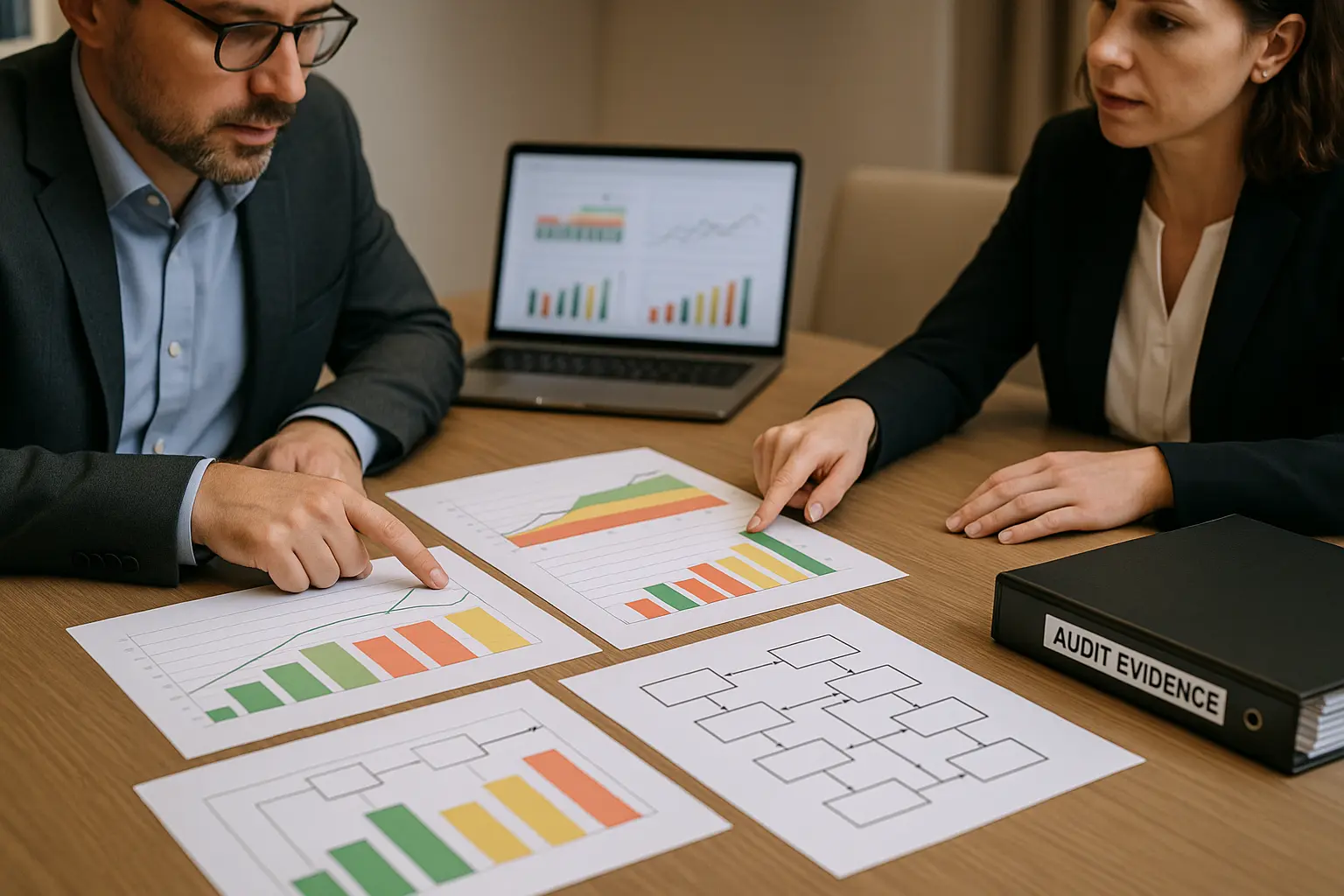 IT‑Manager und Compliance‑Verantwortliche prüfen ein risikoorientiertes KPI‑Dashboard und Audit‑Nachweise am Konferenztisch.