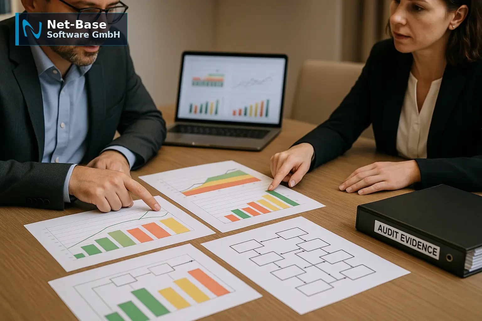 IT‑Manager und Compliance‑Verantwortliche prüfen ein risikoorientiertes KPI‑Dashboard und Audit‑Nachweise am Konferenztisch.